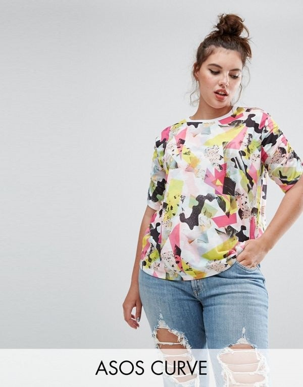 ASOS エイソス レディース 大きめサイズ ゆったりサイズ 送料無料 Multi CURVE T-Shirt with Ruched Sleeve Detail in Abstract Print