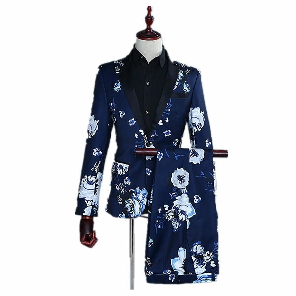 ネイビー　メンズ　スーツ　スーツセット　上下セット セットアップ　2点セット　花柄　タキシード　メンズ タキシード パンツ　演出服 華麗な王族服 王子様 ヨーロッパ風 復古風 コスプレ衣装　宮廷服　コ
