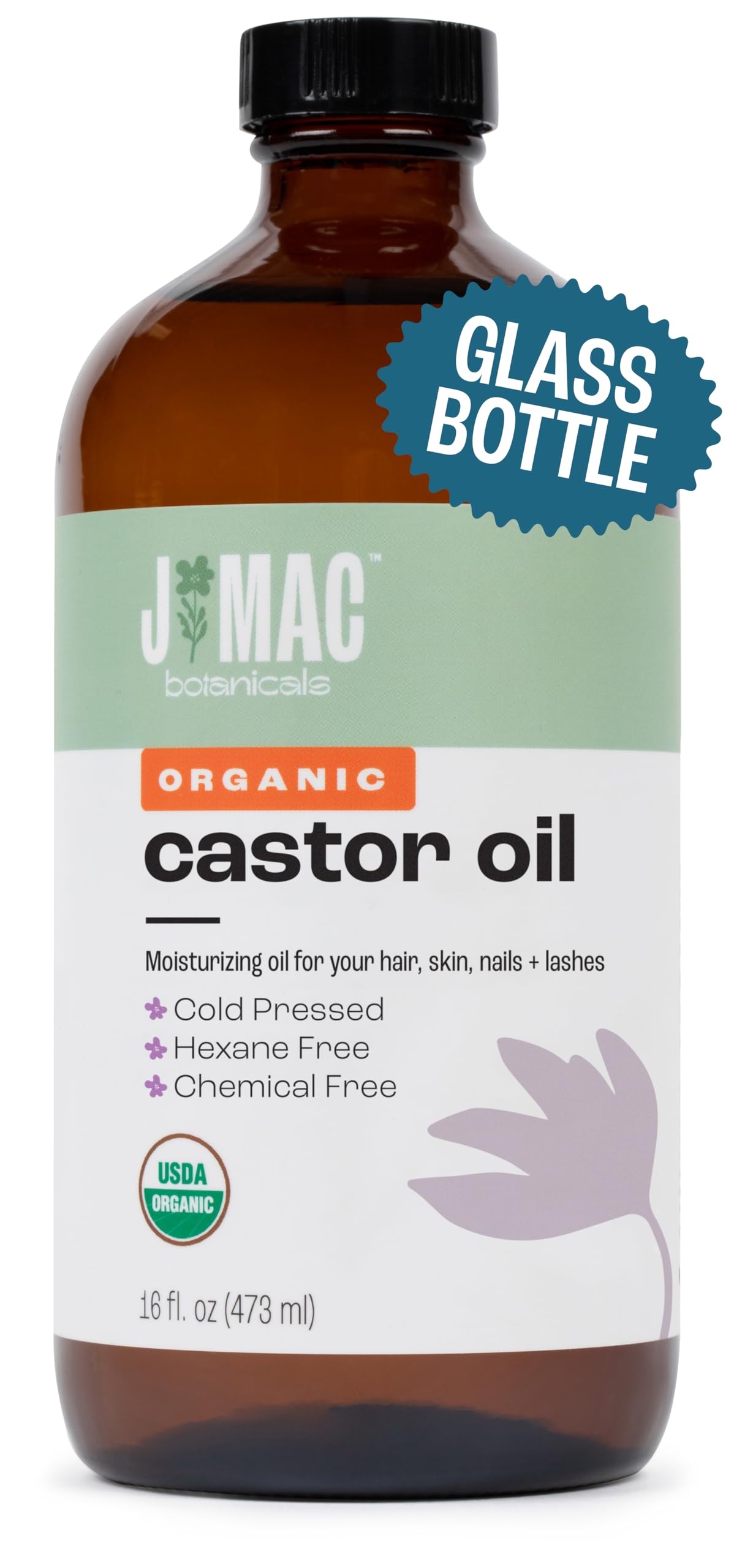 J MAC BOTANICALS Organic Castor Oil Cold Pressed (Glass Bottle, 16 oz), pure castor oil, hexane free
