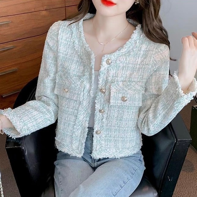 レディース ジャケット スーツ 上着 ノーカラージャケット ショート 長袖 ラウンドネック フェミニン 前開き コンサバ ボタン ヴィンテージ ツイード かわいい 大人可愛い きれいめ シンプル 上品