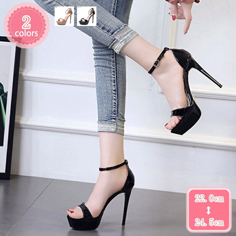 500円OFFクーポン オープントゥ サンダル ピンヒール ストーム 厚底 アンクルストラップ パンプス エナメル ハイヒール キャバパンプス パーティー 12cmヒール 大きいサイズ キャバサンダル