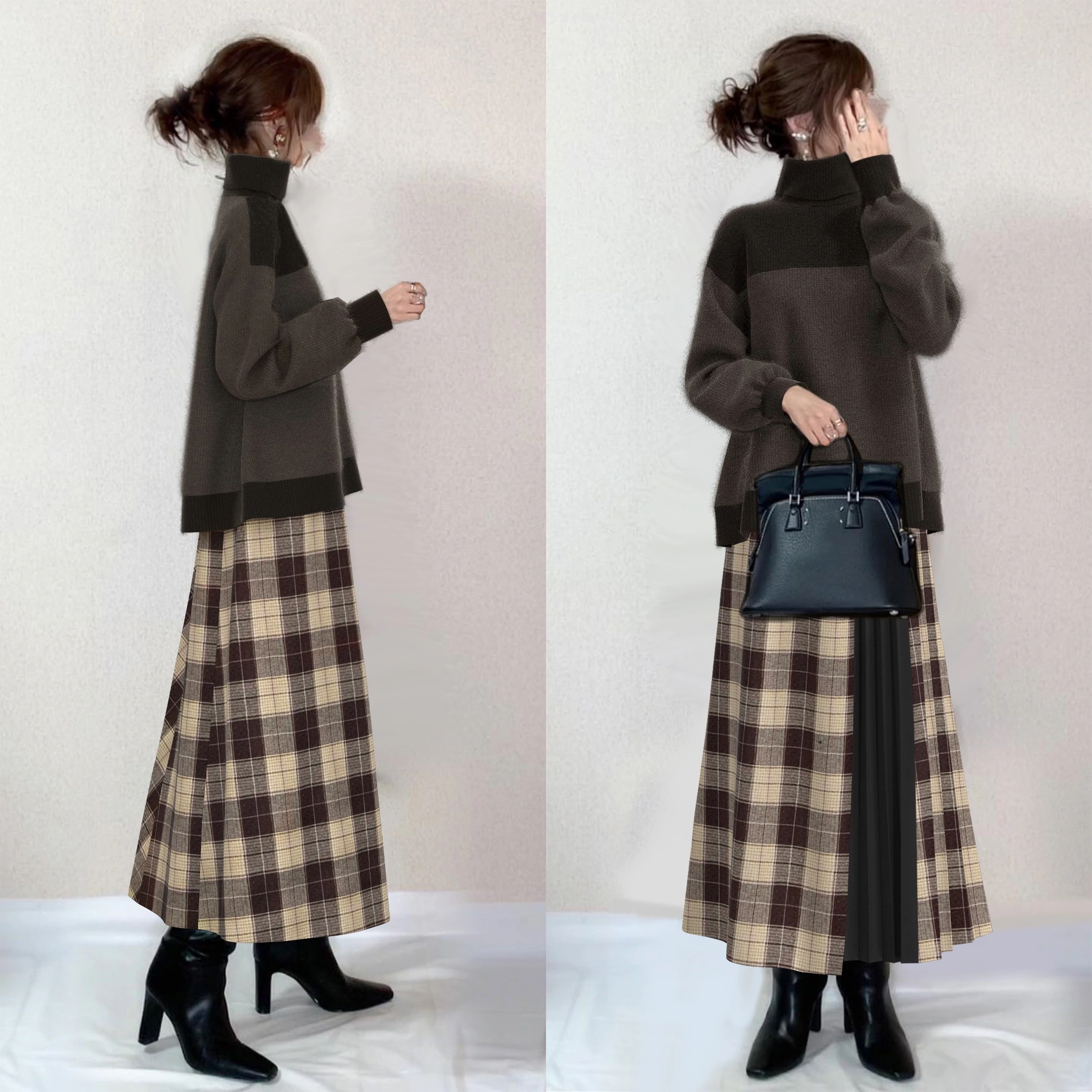 【流行に流されないデザイン】 配色セーター+ チェック柄切り替えランダムティアードスカートワンピースセット