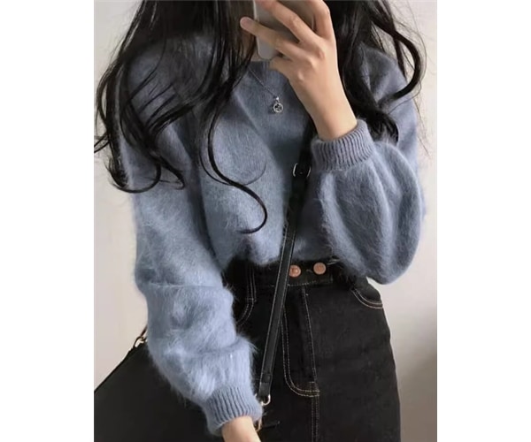 レディース トップス ニット セーター プルオーバー ショート 長袖 ドロップショルダー ラウンドネック ストレート フリース かわいい 大人可愛い きれいめ シンプル カジュアル 上品 おしゃれ