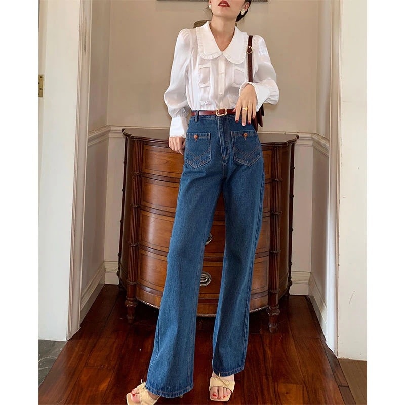 港風ファッション気質 ワイドパンツ レディース ジーパンハイウエスト レトロ 着痩せ 長ズボン ドレープ感