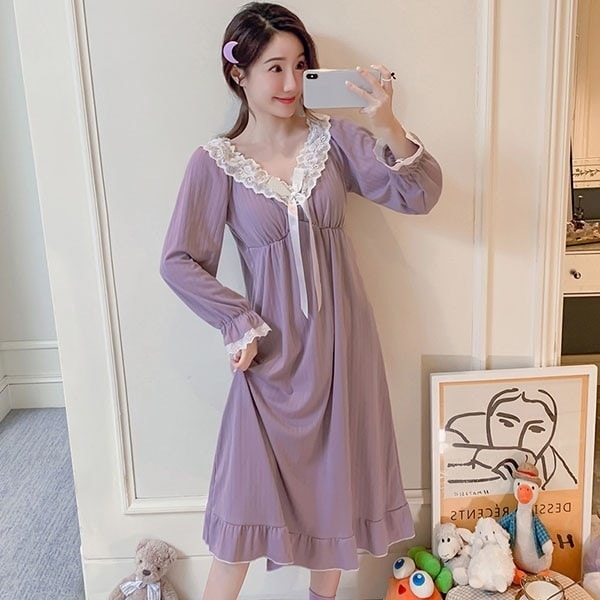 ルームウェアパジャマレディース ネグリジェ ボーダー柄 おしゃれ 寝巻き ゆったり 韓国風 長袖 ルームウェア パジャマ 部屋着 シンプル 春秋 ワンピース 大きいサイズ きれいめ かわいい ロング丈