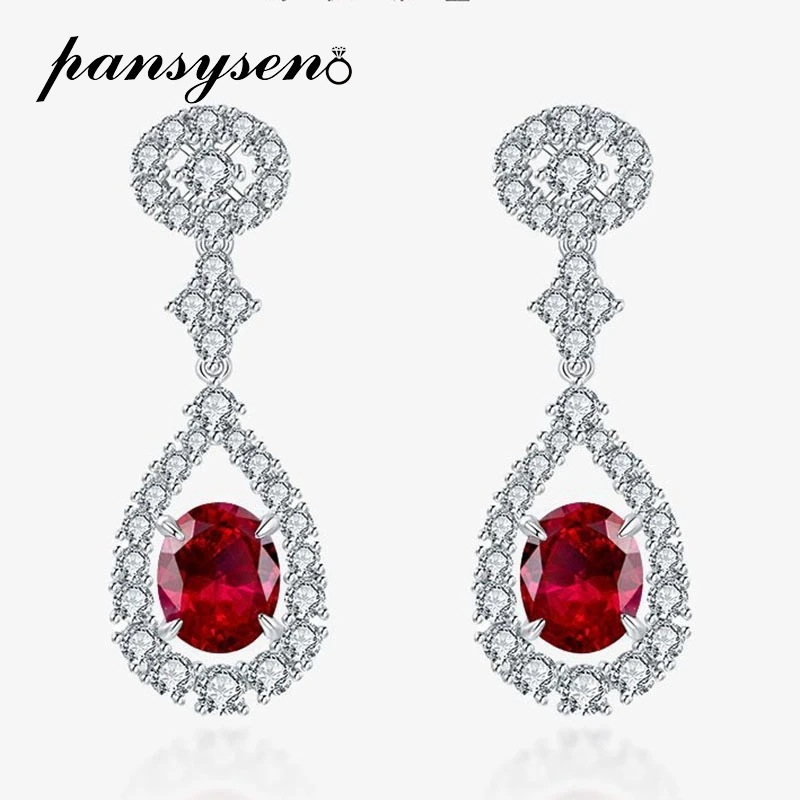 PANSYSEN ヴィンテージ 100% 925 スターリングシルバー 9*11 ミリメートルオーバルカットルビータンザナイトダイヤモンドダングルドロップイヤリングウェディングパーティーファインジュエ