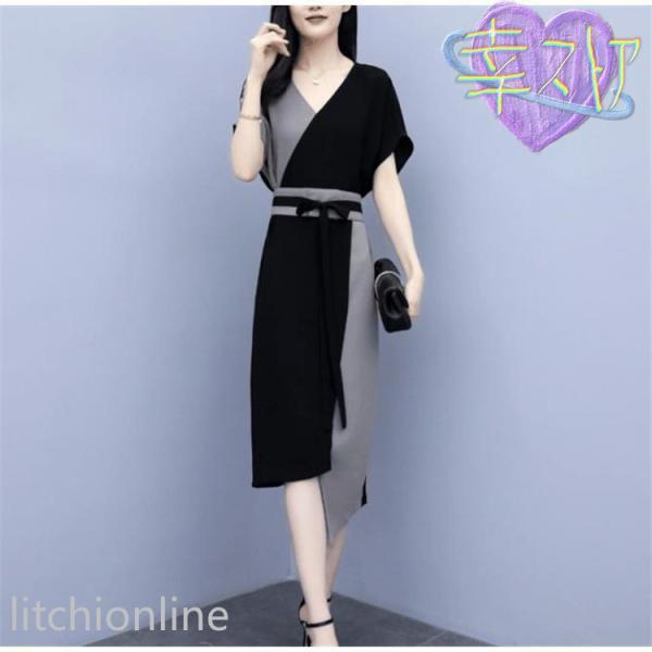 ワンピース レディース 40代 きれいめ 夏 膝丈ワンピース 半袖 シフォン Vネック パーティードレス 韓国風 オシャレ 通勤 大人 OL 上品 着痩せ 新品