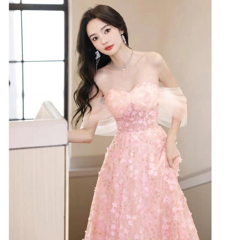 ピンクのイブニングドレス女性ハイエンドニッチ誕生日ブトップスーパーフェアリーガーゼ花びらスカート声楽テスト