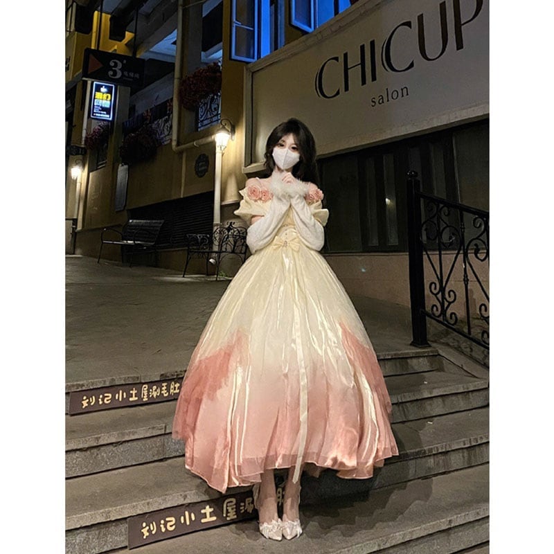 エレガントなグラデーションピンクローズロリータプリンセスドレスウェディングドレスロリータメッシュ