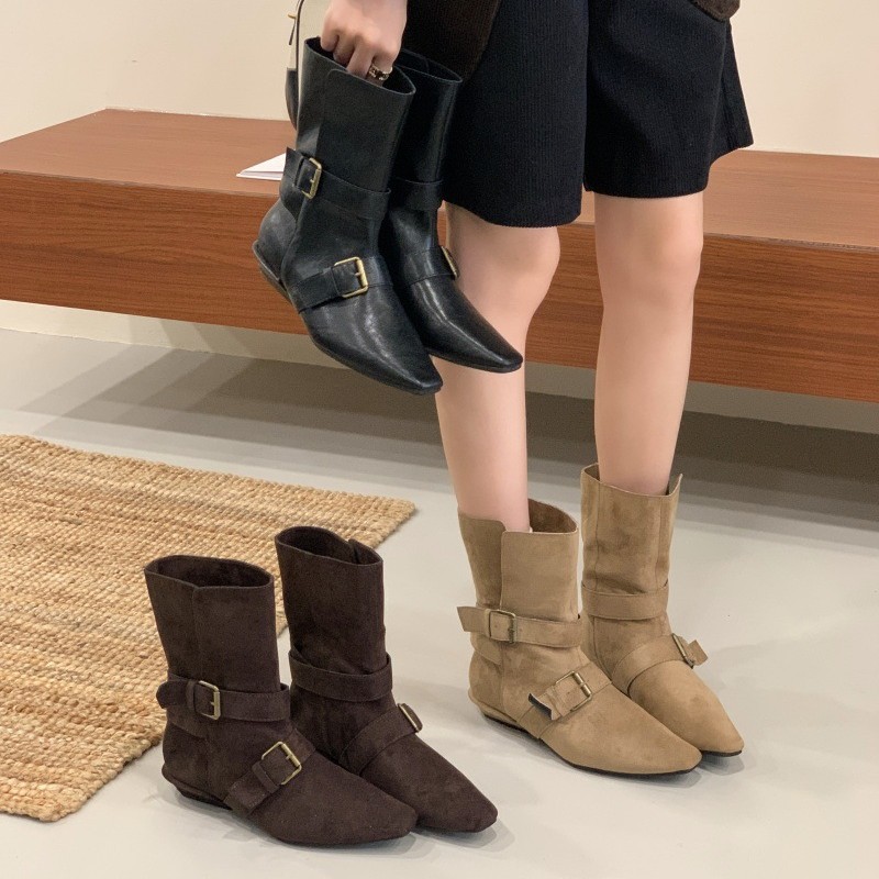 2025 ポインテッドトゥ ツーウェア マット フリップ ウエスタン カウボーイ ブーツ レディース 太ヒール ミッドカーフ キャバリエ ブーツ