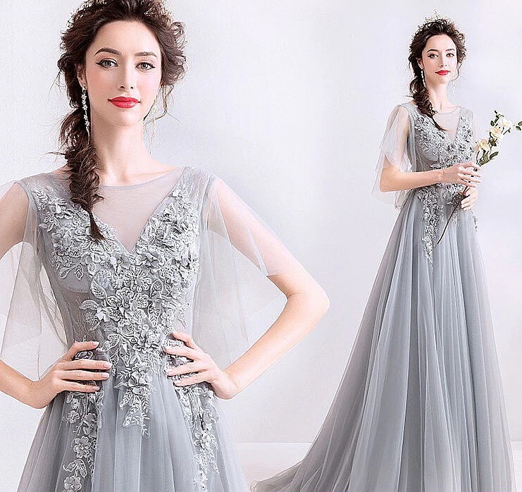 韓国ファッション 二次会 結婚式 パーティードレス グレーのウエディングドレス ウエディングドレス シンプルワンワードショルダー花嫁ウエディングドレスディナーパーティーパーティードレス演奏会