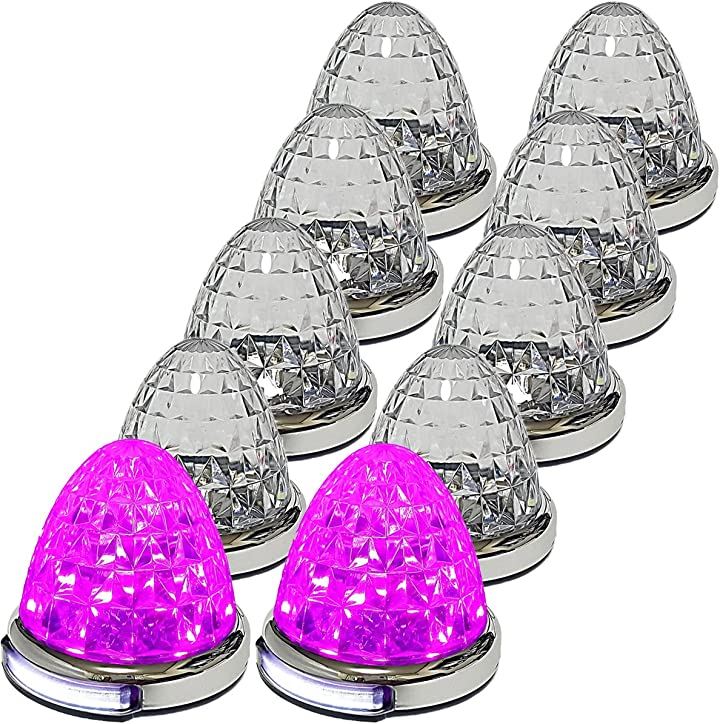 カスタマイズ 12V 24V トラック用 LED マーカーランプ 路肩灯機能付 サイド メッキリング 5面クリスタルカット仕様 22LED 汎用(ピンク, 10個)