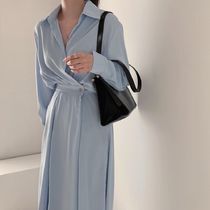 2色 ワンピース 長袖 春夏 きれいめ ロング aライン シャツワンピース aライン Aライン フレア ロング ロング丈 マキシ マキシ丈 9分丈 アンクル丈 襟付き ポロカラー フレア セミフレア