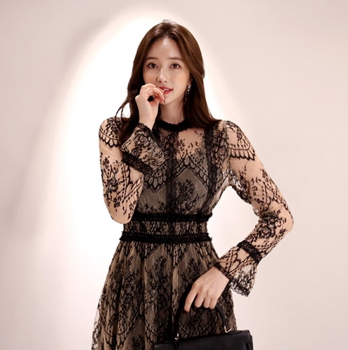 ドレス ワンピース パーティードレス 二次会ドレス ミモレ丈ドレス キャバ ワンピ イブニングドレス ミモレ ミモレ丈 袖あり 長袖 ストラップカフス ラウンドネック 襟なし フレア レース 刺繍