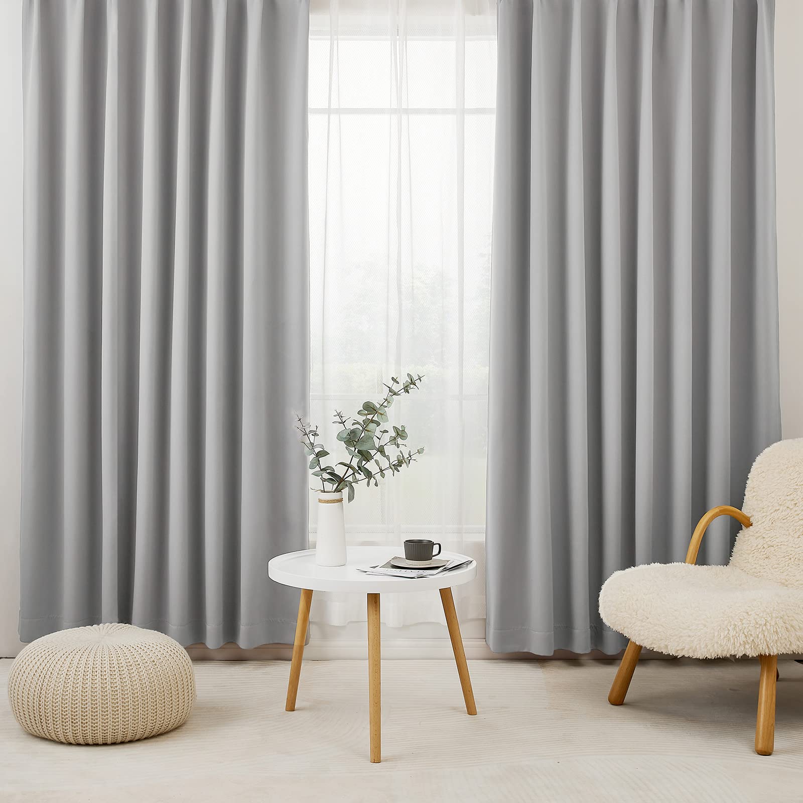 Hansleep カーテン 1級遮光 4枚セット 幅100cm丈150cm ライトグレー 断熱 防寒 防音 省エネ 厚手 無地 おしゃれ 洗える リビング用 (カーテン2枚レース2枚)