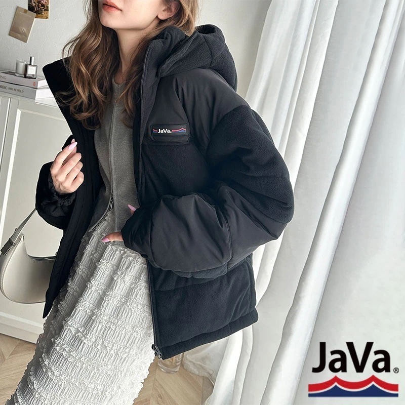 javaジャバコラボ アウター ジャケット レディース フリース 異素材 ドッキング 中綿 ヴィンテージ感 スタンドカラー 立体的 フード ブルゾン ゆるっと オーバーサイズ 大きいサイズ