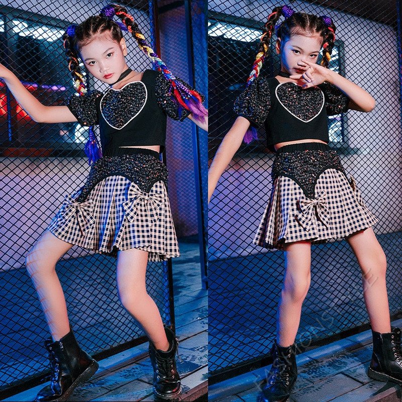 ダンス衣装 子供 キッズ セットアップ スパンコール ブラック 半袖 ヒップホップ チェック柄 スカ