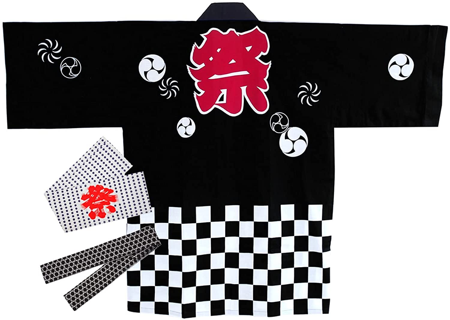 法被腰ひもはちまき3点セット 綿100％ 市松柄 祭 衣装