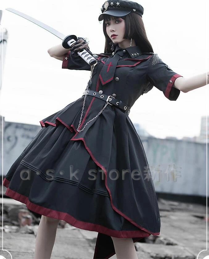【TikTok人気新品】ゴスロリ 暗黒 ワンピース ミリタリー コスプレ衣装 ゴシック ロリータ ワンピース 膝丈 半袖ドレス 制服 暗黒モチーフ コスチューム きいサイズあり 男性も