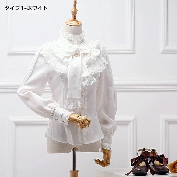 トップスシャツブラウスフリルブラウス ゴスロリ フォーマル ロリータ シャツ レース ロリータ lolita 刺繍 立ち襟 ブラウス リボン付きブラウス 長袖 ゴスロリ レディース ロマンティック