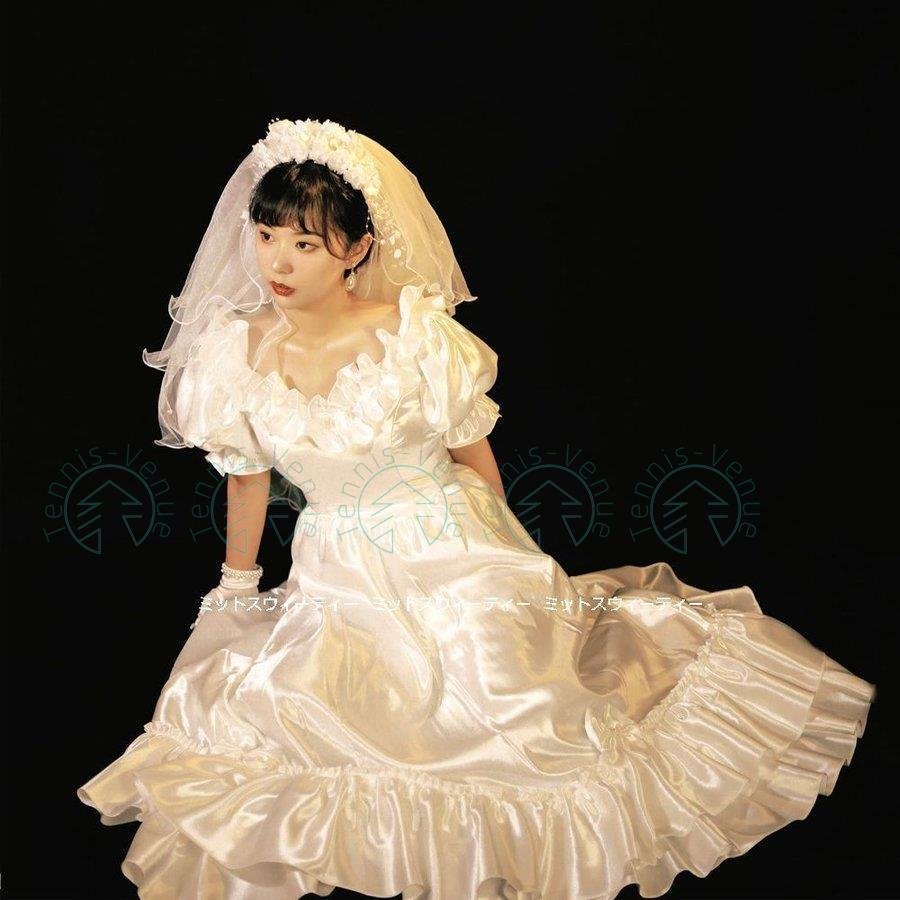 ウエディングドレス レトロ 花嫁 フリル サテン 昭和風 前撮り フォトウェディング 結婚式 リゾー