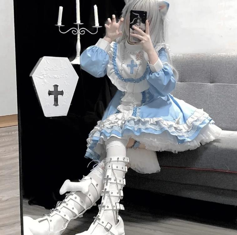 オリジナルゴシックシスター風ロリータブルー白ワンピースワンピースロリータキュートな日常30%までに制限