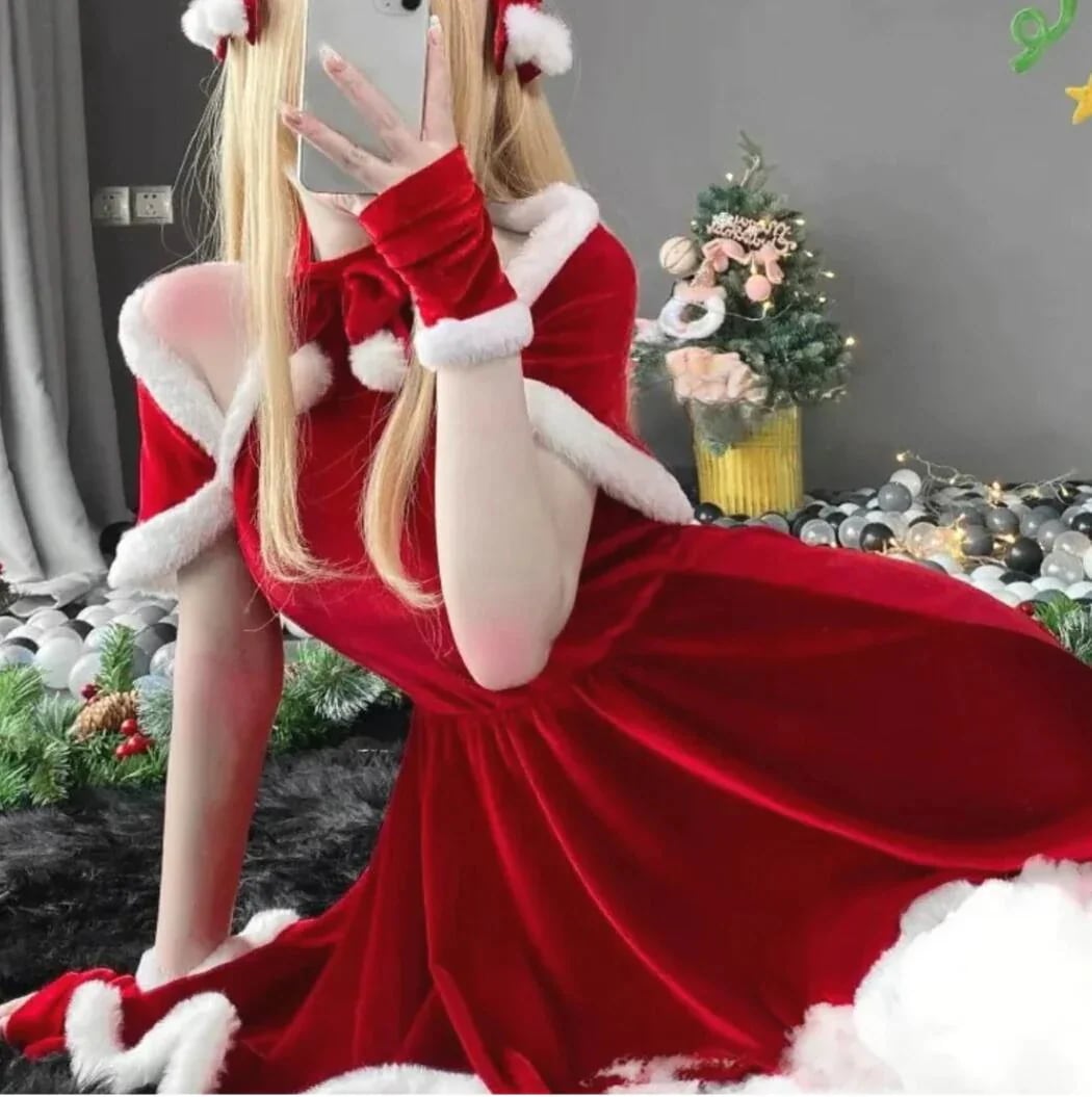 サンタクロース コスプレ 4点セット ミニワンピース ホルターネック ノースリーブ ショール セクシー サンタコス ベロア コスチューム グローブ ドレス 手袋 ヘッドドレス ヘア アクセサリーリボン