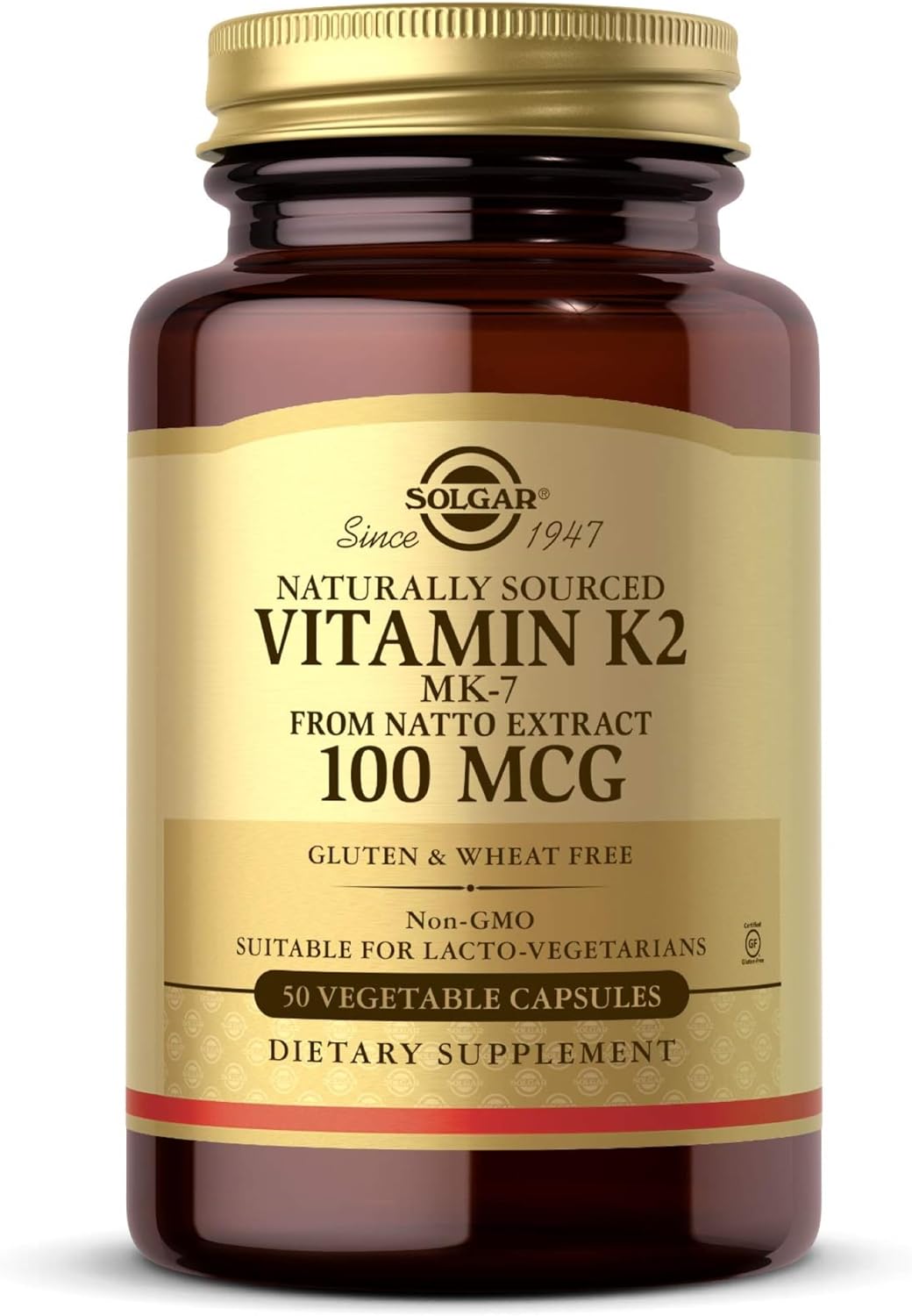 Solgar Naturally Sourced Vitamin K2 (MK-7) 100 mcg - 50 Vegetable Capsules - Supports Bone Health