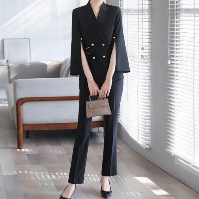 NEWデザイン ! 通勤/OL エレガント スリット ベルト付き ビーズ スーツ+無地 シンプル パンツ セットアップ