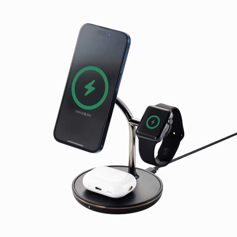 エレコム　ELECOM　マグネットQi2規格対応ワイヤレス充電器 スタンド型 3in1 Apple Watch高速モジュール付き MfA認証　W-MS08BK