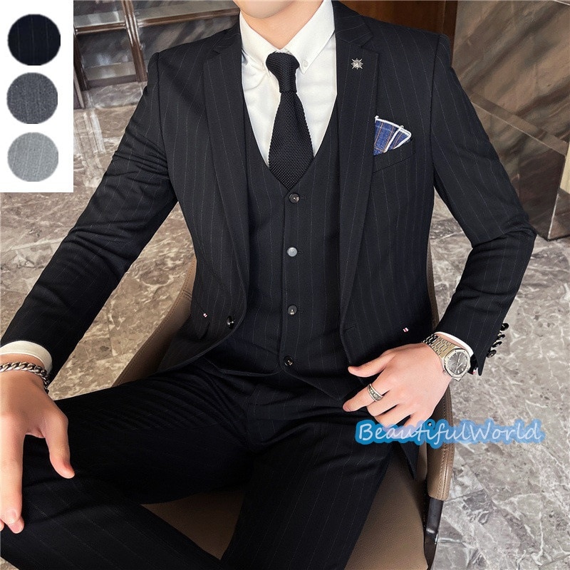 スーツ メンズ ビジネススーツ 3ピーススーツ スーツセットアップ カジュアルスーツボーダー柄 フォーマルスーツ 洗える 紳士服 通勤 結婚式X25