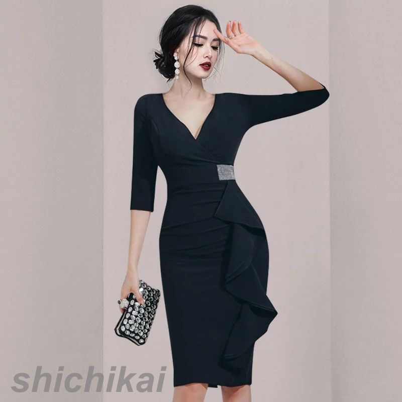 秋新作 タイトワンピース THOM ワンピース OLワンピース オフィスカジュアルワンピース セクシーワンピース ブラックワンピース きれいめ OL WILLS 七分袖ワンピース 通勤 キャンギャル