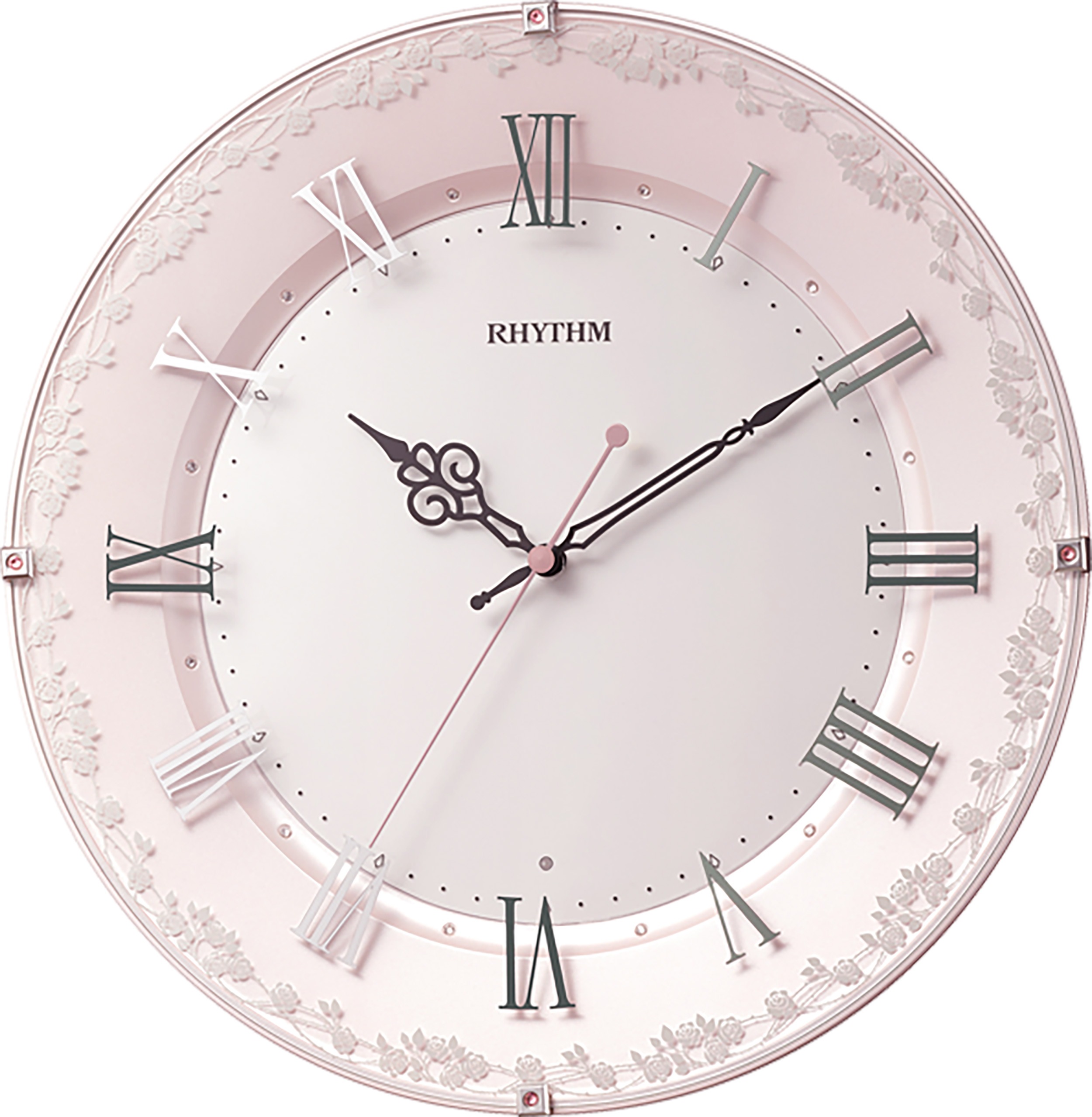 壁掛け時計 掛け時計 電波時計 時計 壁掛け オシャレ 電波 おしゃれ クリスタル付留め飾り バラ模様 かわいい