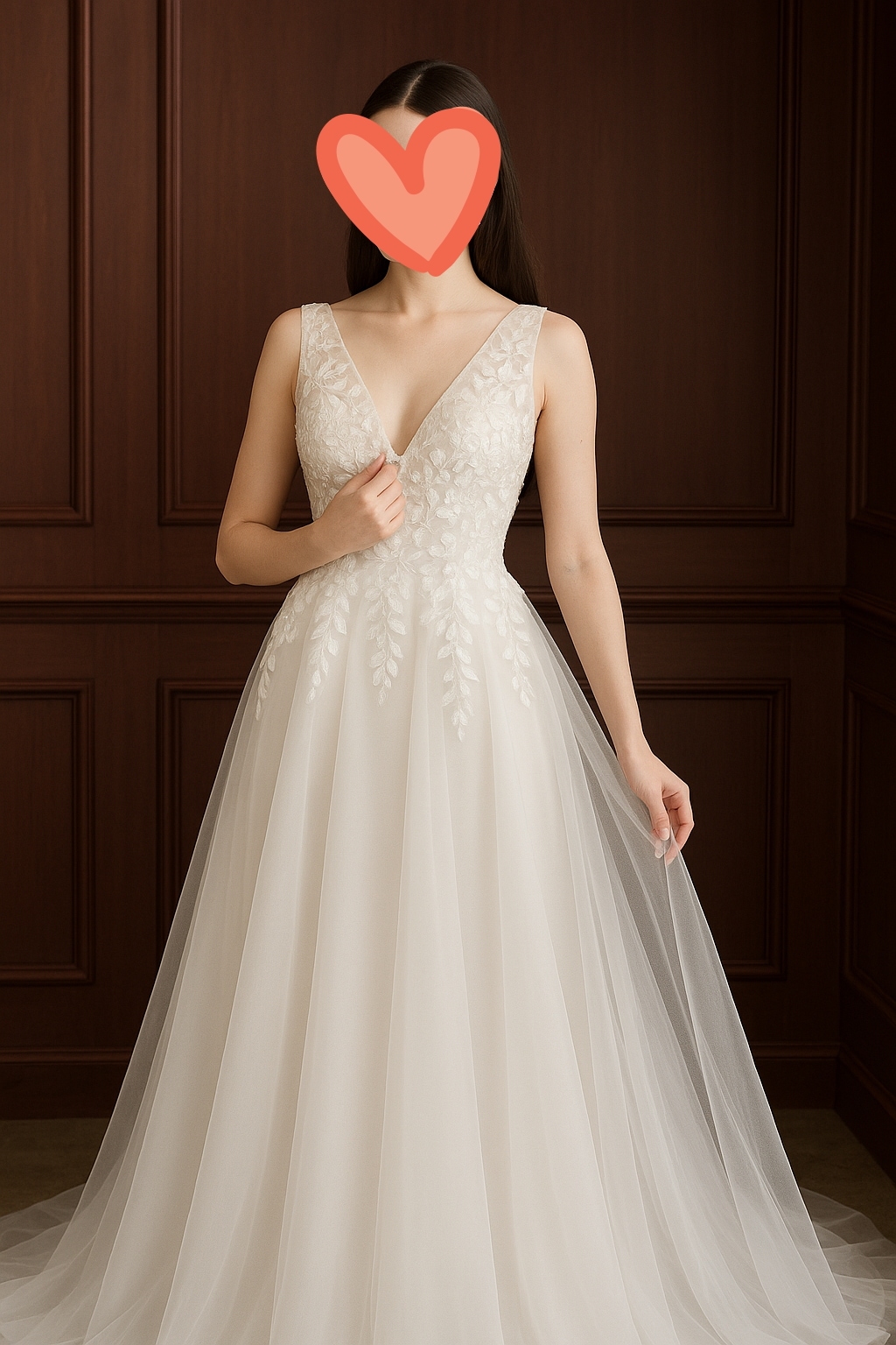 ウエディングドレス Vネック リーフ刺繍 ソフトチュール クラシカル 披露宴