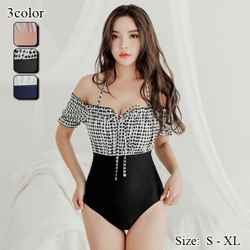 【グラシア】 水着 ハイウエスト レディース ビーチウェア スイムウェア 流行 海 プール モノキニ ガーリー 柔らか 切り替え パフスリーブ アプリコット ブラック ホワイト S M L モノキニ