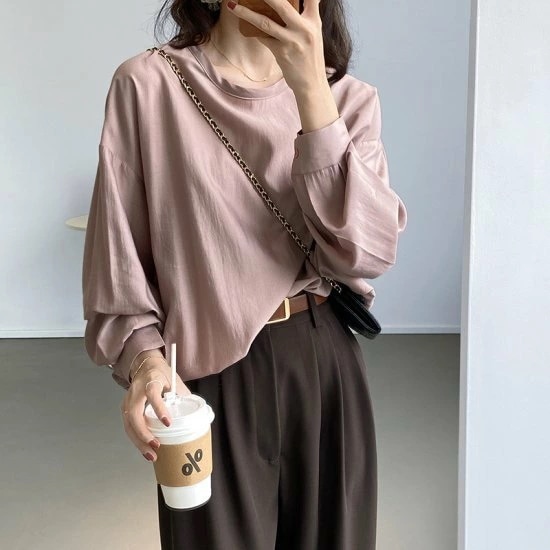 ブラウス レディース トップス フェミニン 長袖 無地 体型カバー とろみ素材 シンプル フォーマル ブラウス とろみ きれいめ ぽわん袖 おしゃれ 新作 ブラウス レディース トップス