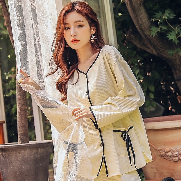 マタニティ パジャマ パイピング ストライプ Vネック リボン