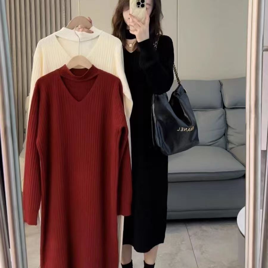 【1つ買うと10つ無料】秋と冬のvネック編み長袖のドレスフェミニンと薄い気質の中間のスカート内の長さ