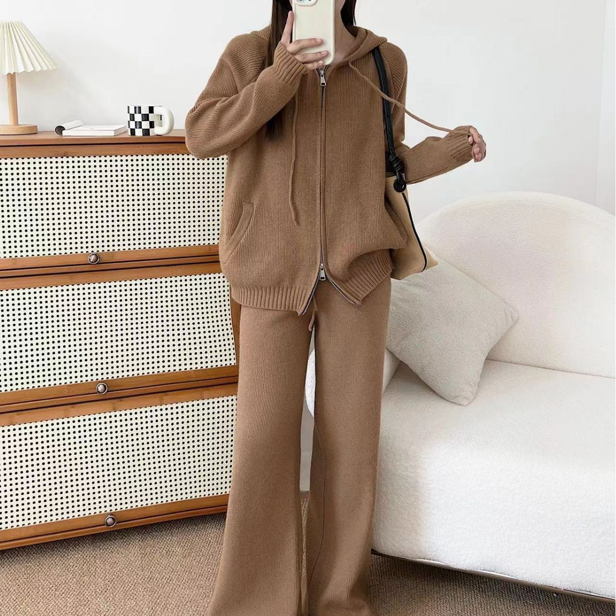 セットアップ韓国ファッションフード付きセータースーツレディース怠惰なスタイルルーズニットカーディガンコートワイドレッグパンツ