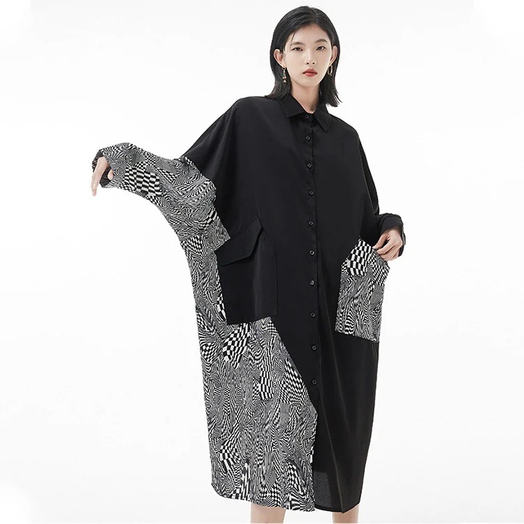 配色ロングシャツワンピ シャツワンピース ロング レディース 春 ロングワンピース 長袖 ドルマン袖 ロング丈 羽織り 襟付き トップス プリント アシンメトリー 落ち感 大人 モード系 体型