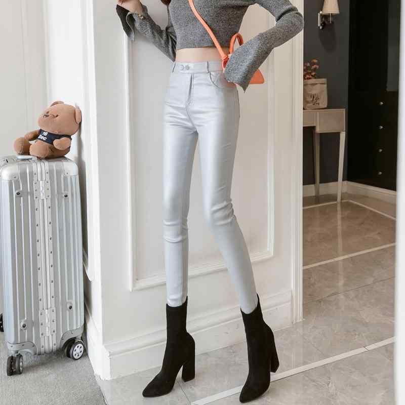 パンツ レディース 秋 冬 カジュアル マットシルバー プラス フリース レザー 伸縮性 ハイウエスト アウター コーティング レギンス クロップド 大きいサイズ