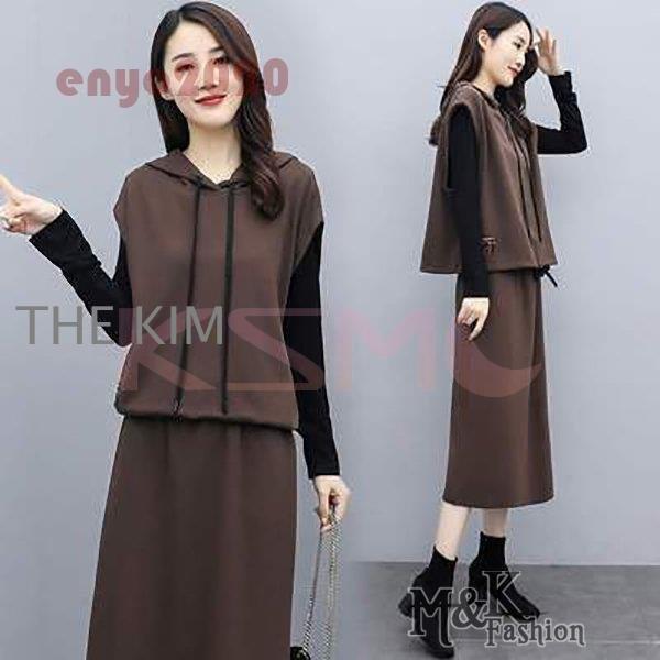 セットアップ レディース 秋 40代 コーデ カジュアル トップス フード付き 長袖Tシャツ ロングスカート 大きいサイズ きれいめ おしゃれ 着痩せ 通勤 上品 新品