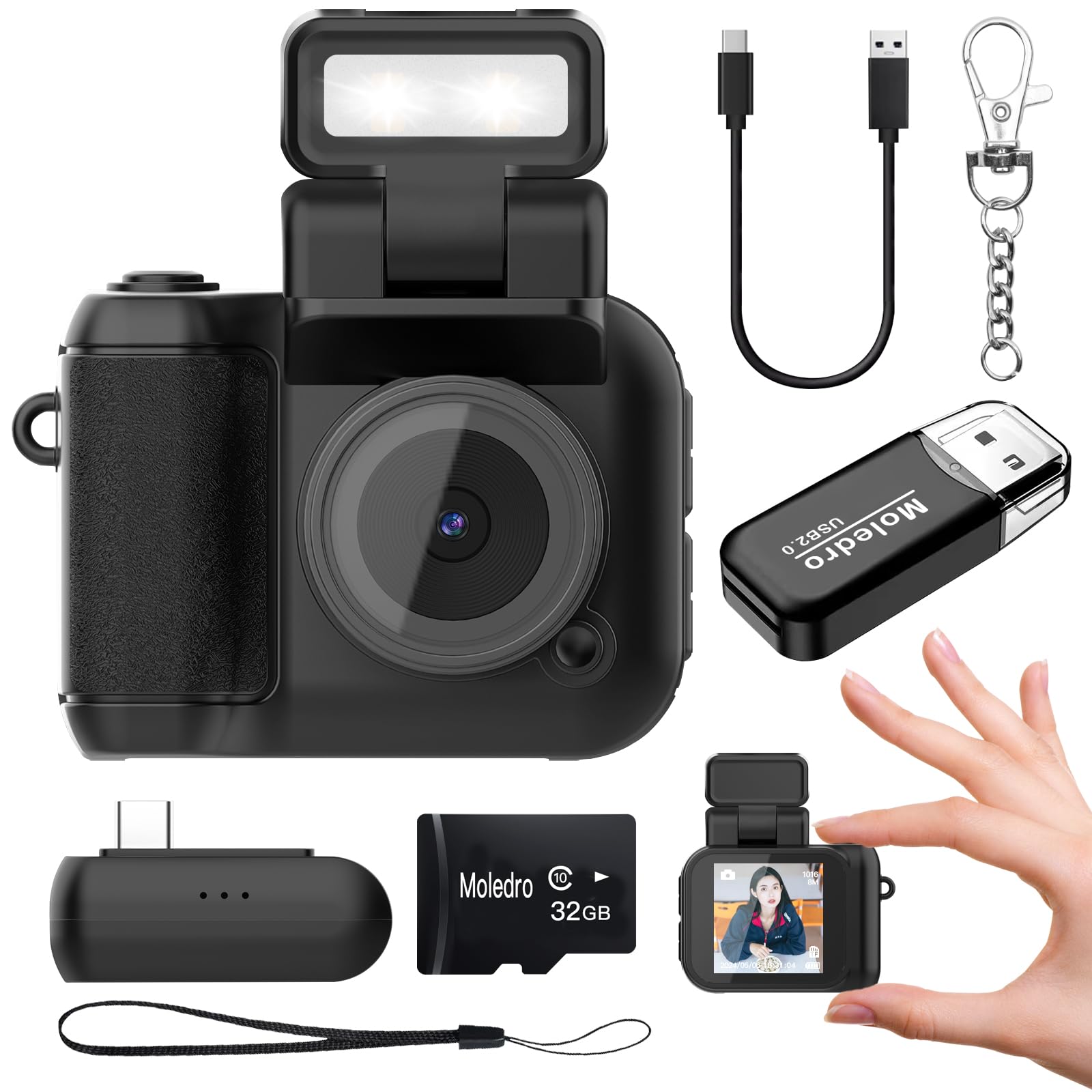 Moledro 超小型デジタルカメラ ミニカメラ デジカメ 1080Pビデオ 200万画素 32GBマイクロSDカード付き 充電ベース付き 1.44インチ画面 27g LEDライト 多種類フィルター