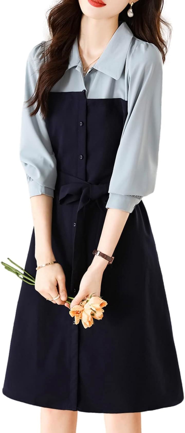 ワンピース アシンメトリー 切り替えワンピース 膝下丈 長袖 レディース( ネイビー, S)