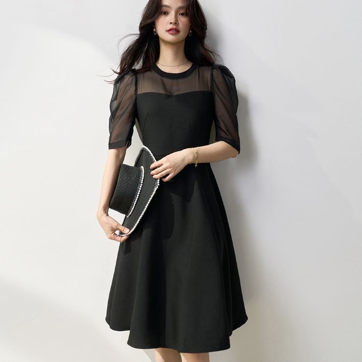 パフスリーブミディワンピ―ス ワンピース 入園式 ワンピ　結婚式 二次会 入学式 大人 上品 卒業式 OL パーティードレス ドレス フォーマル