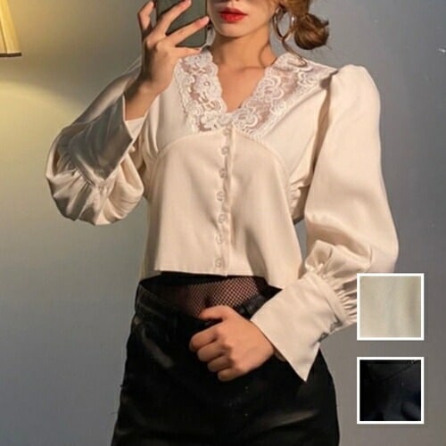 ブラウス シャツ 韓国 ファッション レディース 春 夏 ブライダル お呼ばれ コーデ 成人式 二次会 同窓会 20代 30代 40代 50代 2025 レース 切替 ロングカフス パフスリーブ