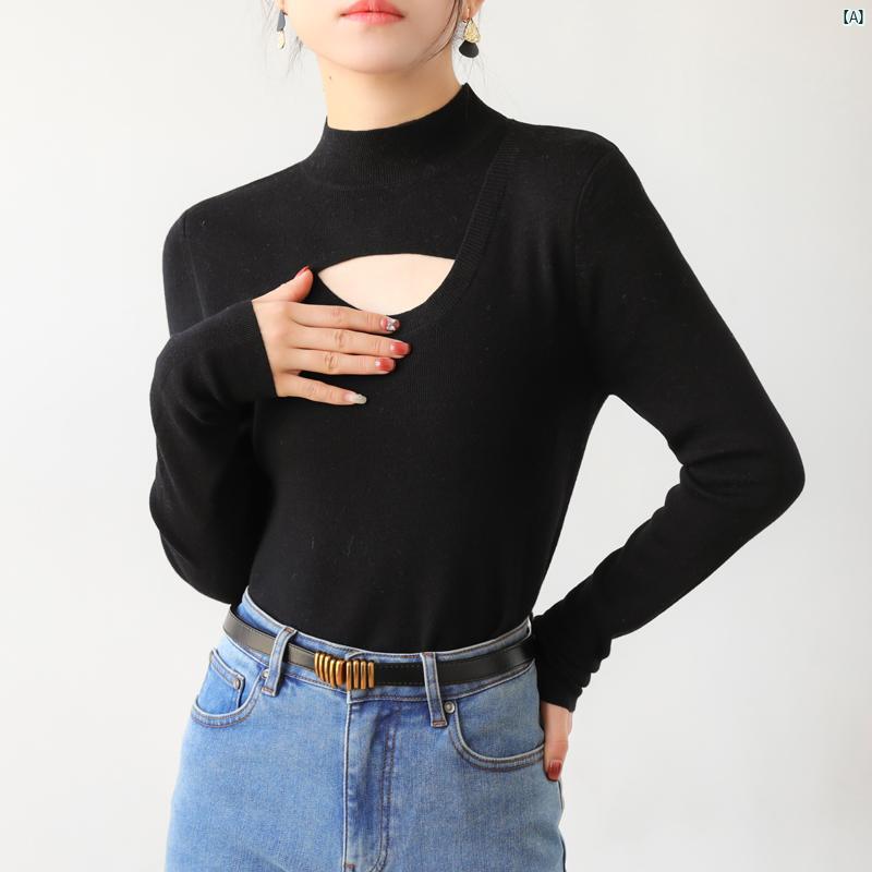 レディース ファッション　レディース　カジュアル　上品　綺麗　外出 ウール ハーフ タートルネックセーター 秋冬 薄手 長袖 ニット ボトム シャツ スリム インナートップ ブラック