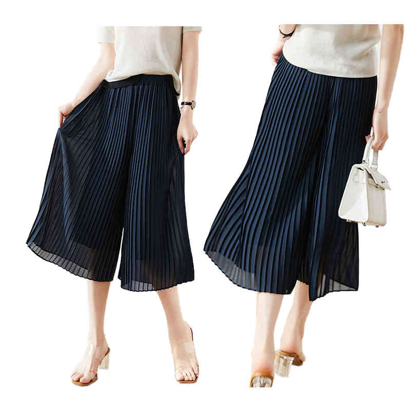 プリーツパンツ レディース 春夏 ワイドパンツ ハイウエスト カジュアルパンツ ワイド 七分丈 ガウチョパンツ 無地