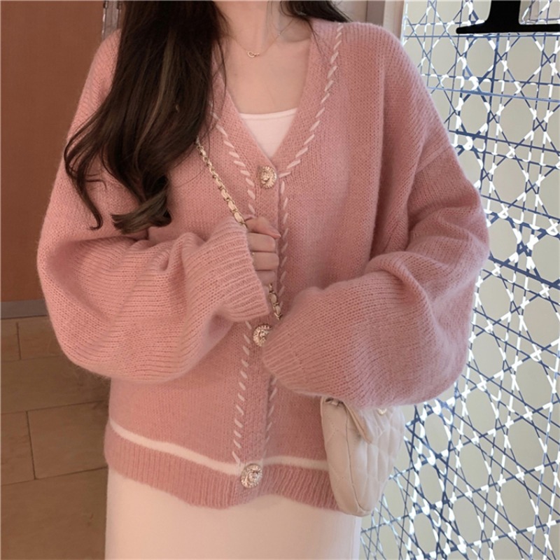 【ギフト】 ピンクの優しい風ニットカーディガン女性の2021年秋新しいルーズな韓国の女の子の甘くて甘いセーターコ 64%OFF
