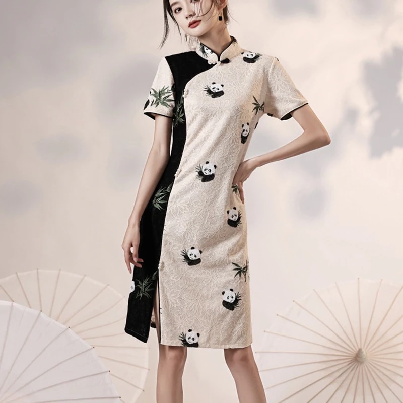 チャイナ風ワンピース 春夏 チャイナドレス レースワンピ パンダ 半袖 チャイナ服 普段着 腰括れ